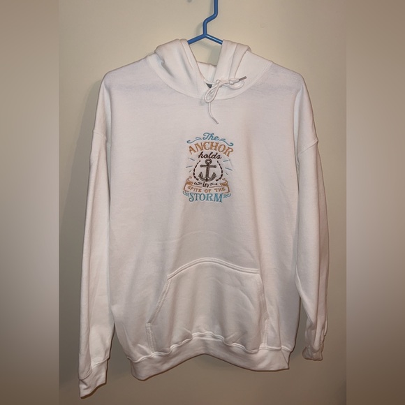 Home Made Embroidery-The Anchor Holds In Spite Of The Storm White Hoodie - Picture 2 of 5